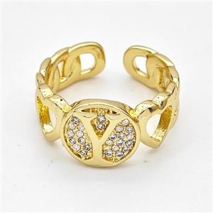Copper Ring Pave Zirconia Letter-Y Gold Plated, approx 12mm, 18mm dia [FN44337]