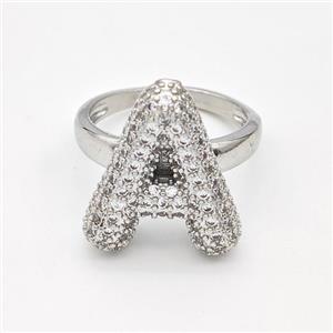 Copper Ring Pave Zirconia Letter-A Platinum Plated, approx 14-19mm, 18mm dia [FN44339]