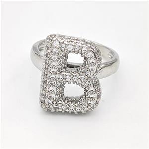 Copper Ring Pave Zirconia Letter-B Platinum Plated, approx 14-19mm, 18mm dia [FN44340]