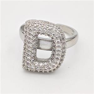 Copper Ring Pave Zirconia Letter-D Platinum Plated, approx 14-19mm, 18mm dia [FN44342]
