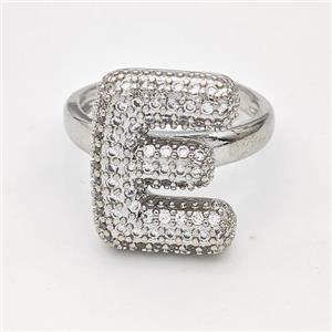 Copper Ring Pave Zirconia Letter-E Platinum Plated, approx 14-19mm, 18mm dia [FN44343]