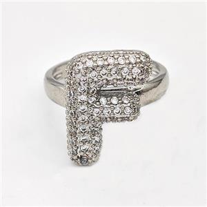 Copper Ring Pave Zirconia Letter-F Platinum Plated, approx 14-19mm, 18mm dia [FN44344]