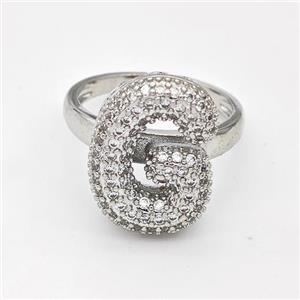 Copper Ring Pave Zirconia Letter-G Platinum Plated, approx 14-19mm, 18mm dia [FN44345]