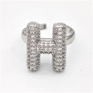 Copper Ring Pave Zirconia Letter-H Platinum Plated, approx 14-19mm, 18mm dia [FN44346]