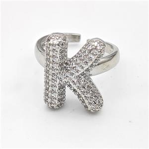 Copper Ring Pave Zirconia Letter-K Platinum Plated, approx 14-19mm, 18mm dia [FN44349]