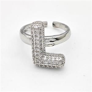 Copper Ring Pave Zirconia Letter-L Platinum Plated, approx 14-19mm, 18mm dia [FN44350]