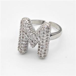Copper Ring Pave Zirconia Letter-M Platinum Plated, approx 14-19mm, 18mm dia [FN44351]