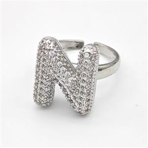 Copper Ring Pave Zirconia Letter-N Platinum Plated, approx 14-19mm, 18mm dia [FN44352]