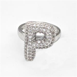 Copper Ring Pave Zirconia Letter-P Platinum Plated, approx 14-19mm, 18mm dia [FN44354]