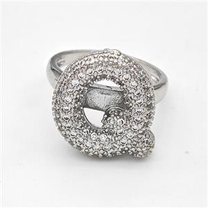 Copper Ring Pave Zirconia Letter-Q Platinum Plated, approx 14-19mm, 18mm dia [FN44355]