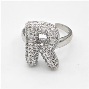 Copper Ring Pave Zirconia Letter-R Platinum Plated, approx 14-19mm, 18mm dia [FN44356]
