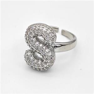 Copper Ring Pave Zirconia Letter-S Platinum Plated, approx 14-19mm, 18mm dia [FN44357]