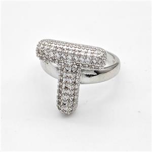 Copper Ring Pave Zirconia Letter-T Platinum Plated, approx 14-19mm, 18mm dia [FN44358]