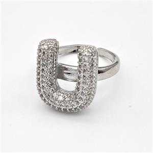 Copper Ring Pave Zirconia Letter-U Platinum Plated, approx 14-19mm, 18mm dia [FN44359]