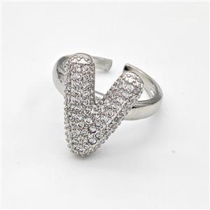 Copper Ring Pave Zirconia Letter-V Platinum Plated, approx 14-19mm, 18mm dia [FN44360]