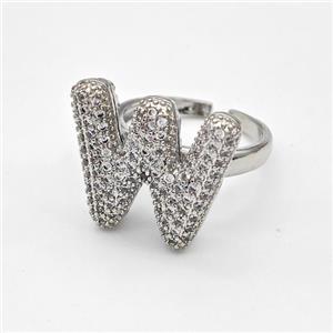 Copper Ring Pave Zirconia Letter-W Platinum Plated, approx 14-19mm, 18mm dia [FN44361]
