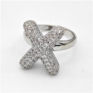 Copper Ring Pave Zirconia Letter-X Platinum Plated, approx 14-19mm, 18mm dia [FN44362]