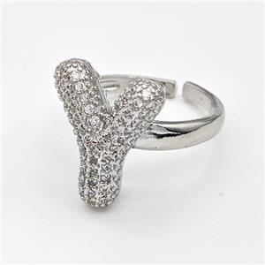 Copper Ring Pave Zirconia Letter-Y Platinum Plated, approx 14-19mm, 18mm dia [FN44363]