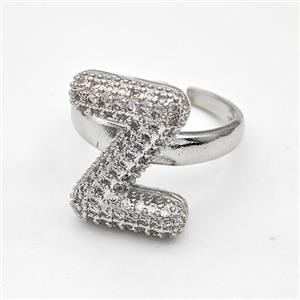 Copper Ring Pave Zirconia Letter-Z Platinum Plated, approx 14-19mm, 18mm dia [FN44364]
