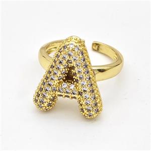 Copper Ring Pave Zirconia Letter-A Gold Plated, approx 14-19mm, 18mm dia [FN44365]