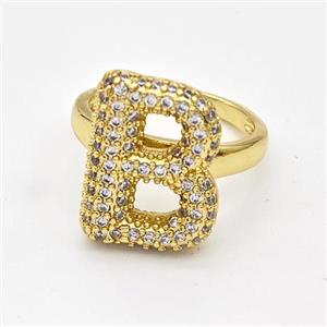 Copper Ring Pave Zirconia Letter-B Gold Plated, approx 14-19mm, 18mm dia [FN44366]