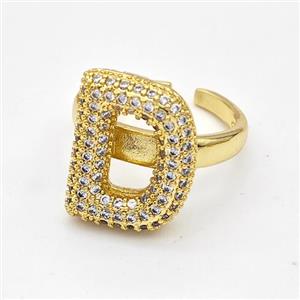 Copper Ring Pave Zirconia Letter-D Gold Plated, approx 14-19mm, 18mm dia [FN44368]