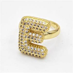 Copper Ring Pave Zirconia Letter-E Gold Plated, approx 14-19mm, 18mm dia [FN44369]