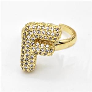 Copper Ring Pave Zirconia Letter-F Gold Plated, approx 14-19mm, 18mm dia [FN44370]