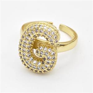 Copper Ring Pave Zirconia Letter-G Gold Plated, approx 14-19mm, 18mm dia [FN44371]