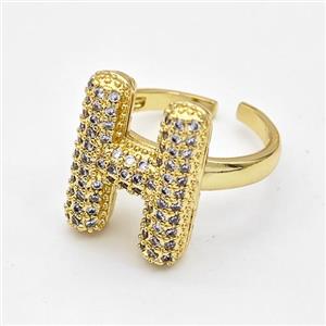 Copper Ring Pave Zirconia Letter-H Gold Plated, approx 14-19mm, 18mm dia [FN44372]