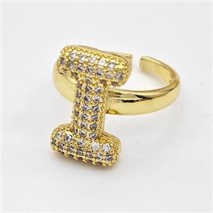 Copper Ring Pave Zirconia Letter-I Gold Plated, approx 14-19mm, 18mm dia [FN44373]