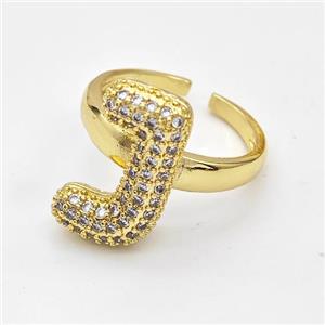 Copper Ring Pave Zirconia Letter-J Gold Plated, approx 14-19mm, 18mm dia [FN44374]