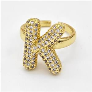 Copper Ring Pave Zirconia Letter-K Gold Plated, approx 14-19mm, 18mm dia [FN44375]