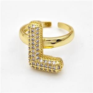 Copper Ring Pave Zirconia Letter-L Gold Plated, approx 14-19mm, 18mm dia [FN44376]