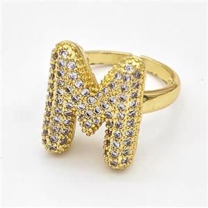 Copper Ring Pave Zirconia Letter-M Gold Plated, approx 14-19mm, 18mm dia [FN44377]