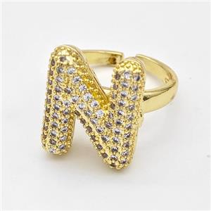 Copper Ring Pave Zirconia Letter-N Gold Plated, approx 14-19mm, 18mm dia [FN44378]