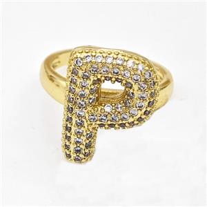 Copper Ring Pave Zirconia Letter-P Gold Plated, approx 14-19mm, 18mm dia [FN44380]
