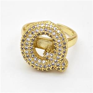 Copper Ring Pave Zirconia Letter-Q Gold Plated, approx 14-19mm, 18mm dia [FN44381]