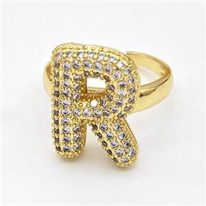 Copper Ring Pave Zirconia Letter-R Gold Plated, approx 14-19mm, 18mm dia [FN44382]