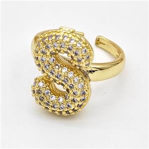 Copper Ring Pave Zirconia Letter-S Gold Plated, approx 14-19mm, 18mm dia [FN44383]