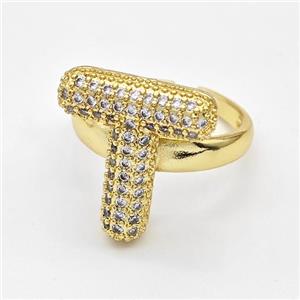 Copper Ring Pave Zirconia Letter-T Gold Plated, approx 14-19mm, 18mm dia [FN44384]