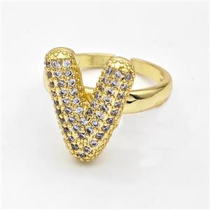 Copper Ring Pave Zirconia Letter-V Gold Plated, approx 14-19mm, 18mm dia [FN44386]