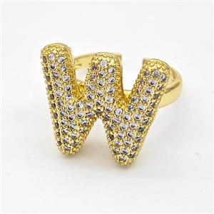 Copper Ring Pave Zirconia Letter-W Gold Plated, approx 14-19mm, 18mm dia [FN44387]
