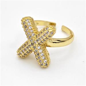 Copper Ring Pave Zirconia Letter-X Gold Plated, approx 14-19mm, 18mm dia [FN44388]