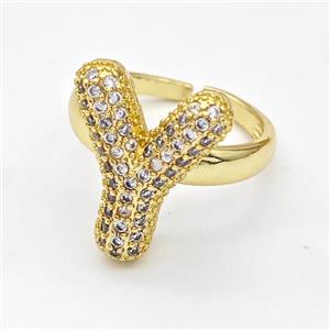 Copper Ring Pave Zirconia Letter-Y Gold Plated, approx 14-19mm, 18mm dia [FN44389]