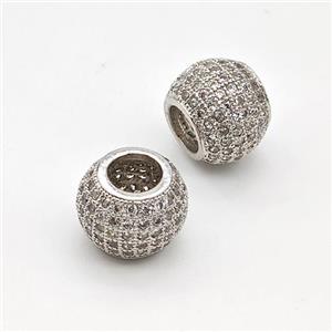 Copper Round Beads Micro Pave Zirconia Large Hole Platinum Plated, approx 8-10mm, 4mm hole [FN44419]