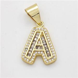 Copper Pendant Pave Zirconia Letter-A Gold Plated, approx 13-18mm [FN44425]