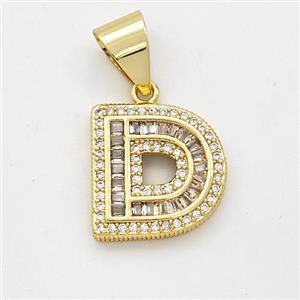 Copper Pendant Pave Zirconia Letter-D Gold Plated, approx 13-18mm [FN44428]