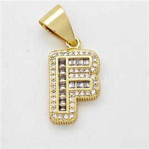 Copper Pendant Pave Zirconia Letter-F Gold Plated, approx 13-18mm [FN44430]