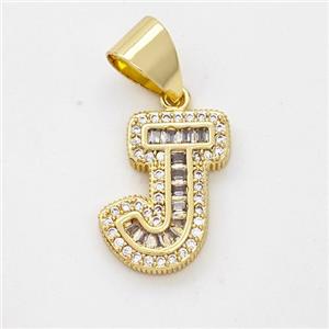 Copper Pendant Pave Zirconia Letter-J Gold Plated, approx 13-18mm [FN44434]